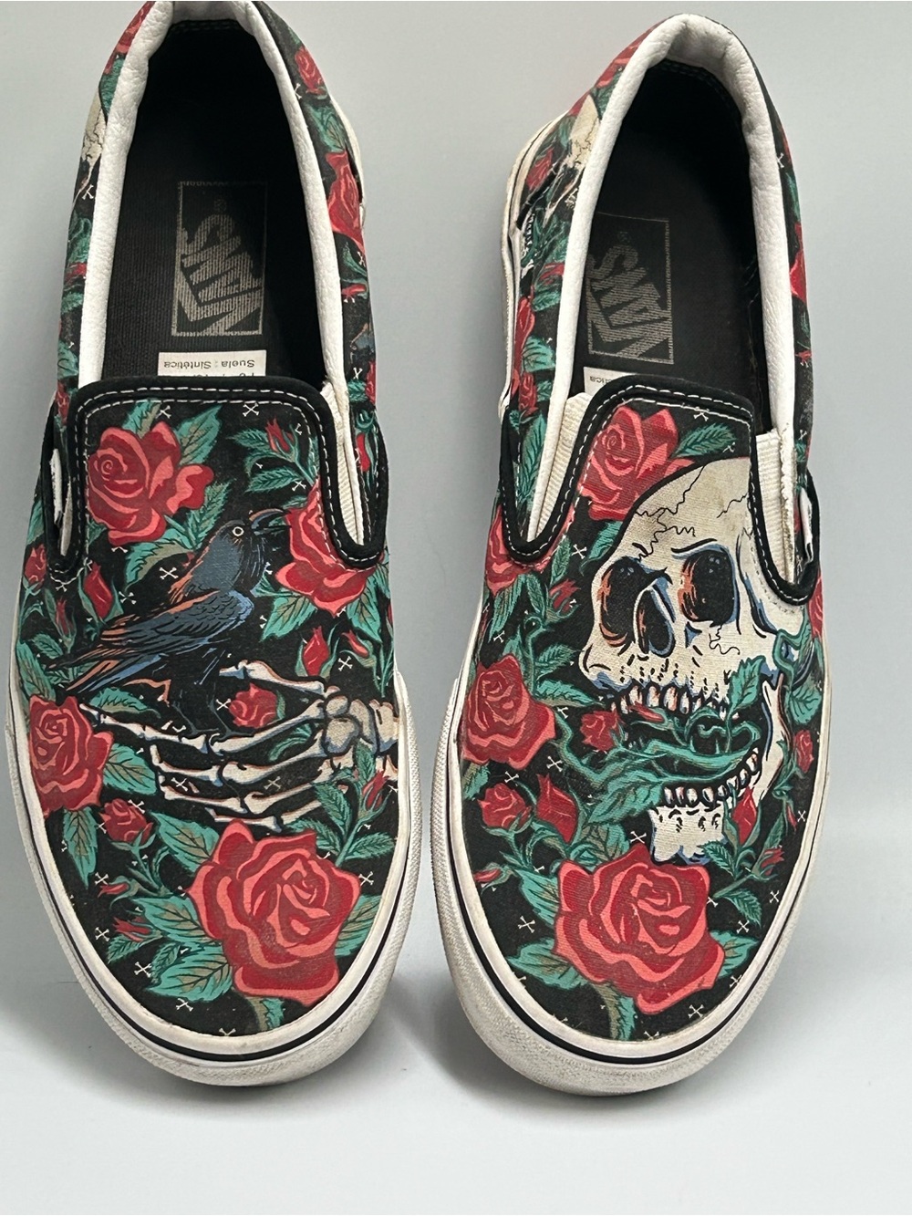 Vans Slip-On Floral Skull Print in Black, Red & Green